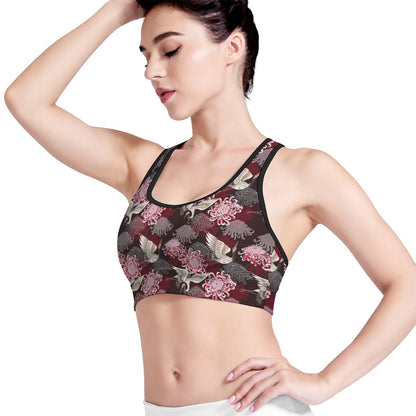 Japanese Cranes And Chrysanthemums Print Women's Sports Bra