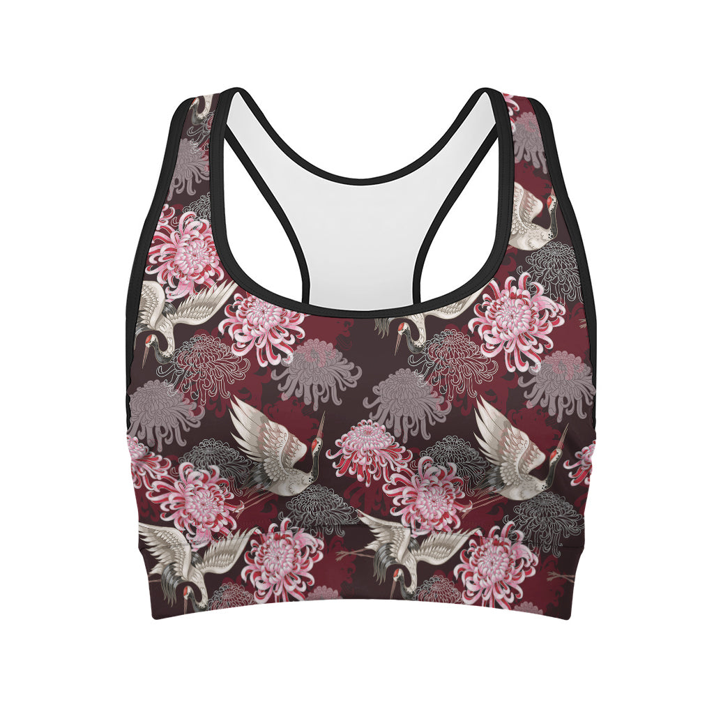 Japanese Cranes And Chrysanthemums Print Women's Sports Bra