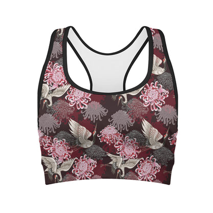 Japanese Cranes And Chrysanthemums Print Women's Sports Bra
