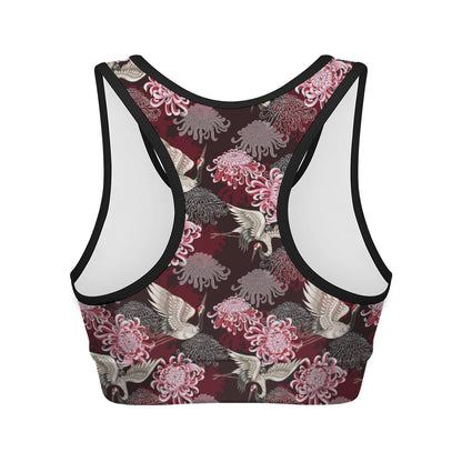 Japanese Cranes And Chrysanthemums Print Women's Sports Bra