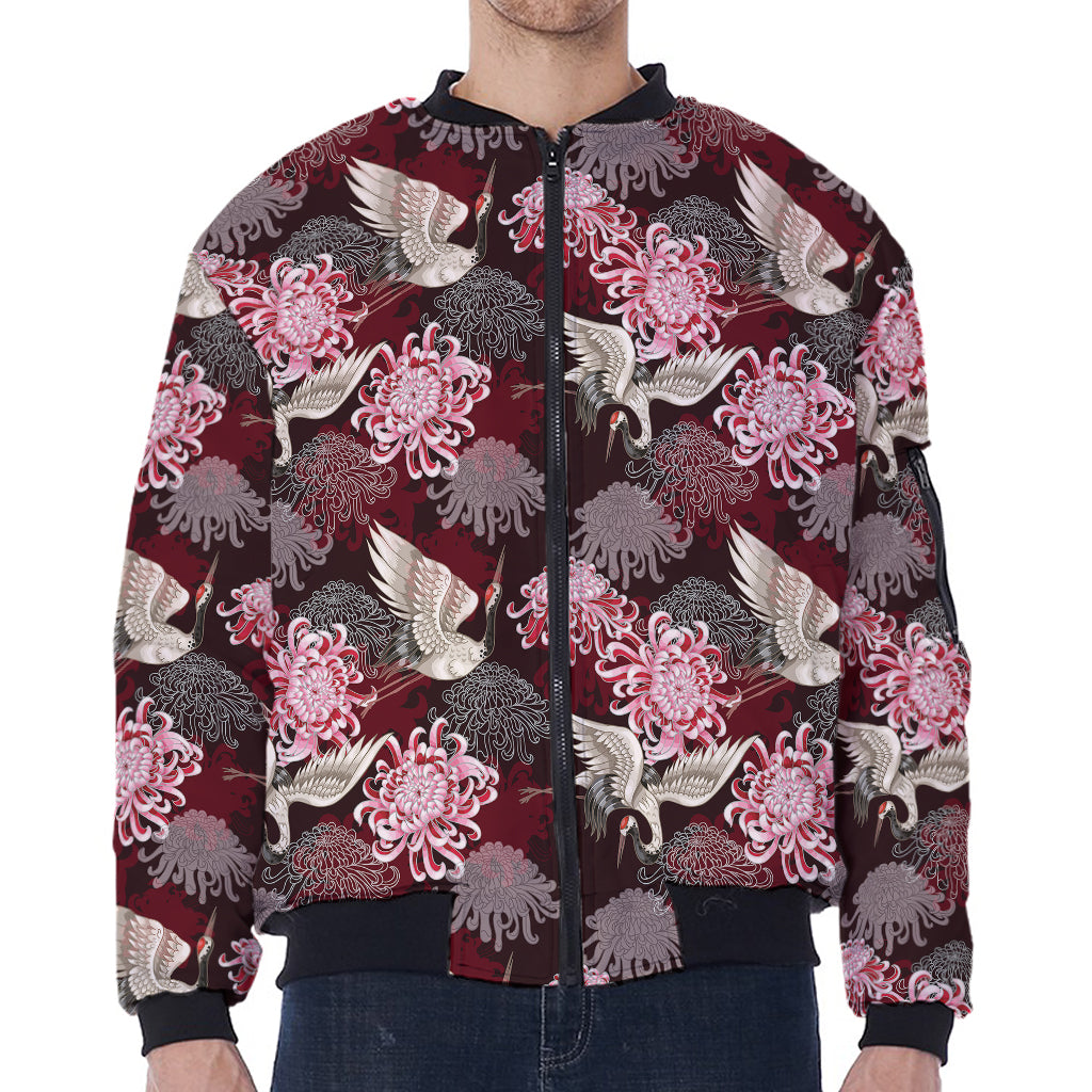 Japanese Cranes And Chrysanthemums Print Zip Sleeve Bomber Jacket