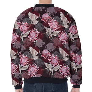 Japanese Cranes And Chrysanthemums Print Zip Sleeve Bomber Jacket