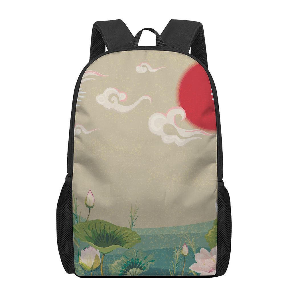 Japanese Cranes At Sunset Print 17 Inch Backpack