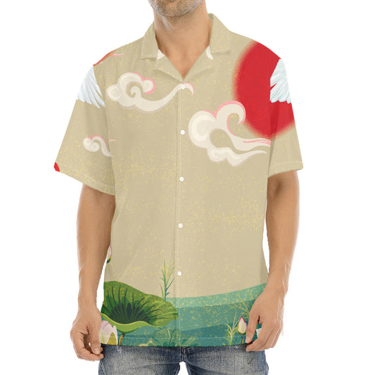 Japanese Cranes At Sunset Print Aloha Shirt