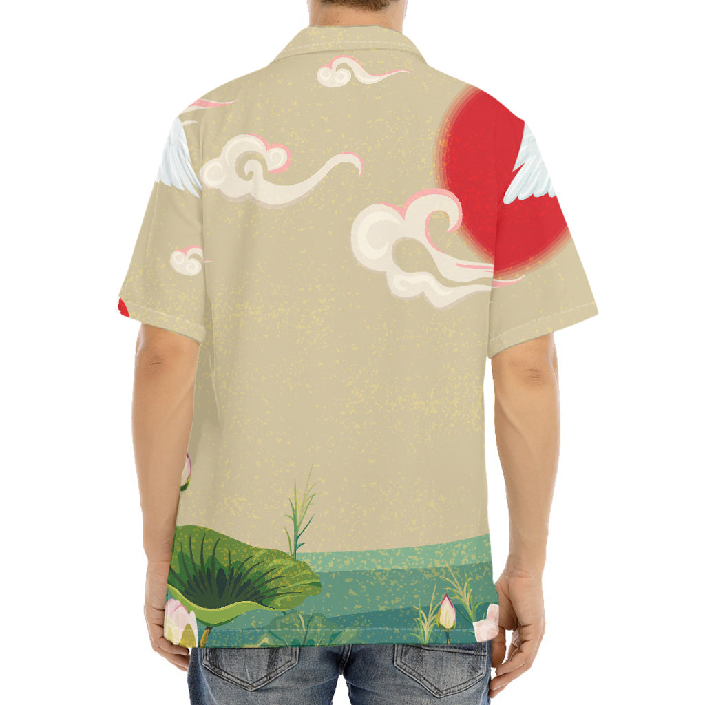 Japanese Cranes At Sunset Print Aloha Shirt
