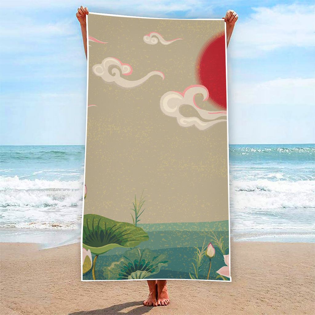 Japanese Cranes At Sunset Print Beach Towel