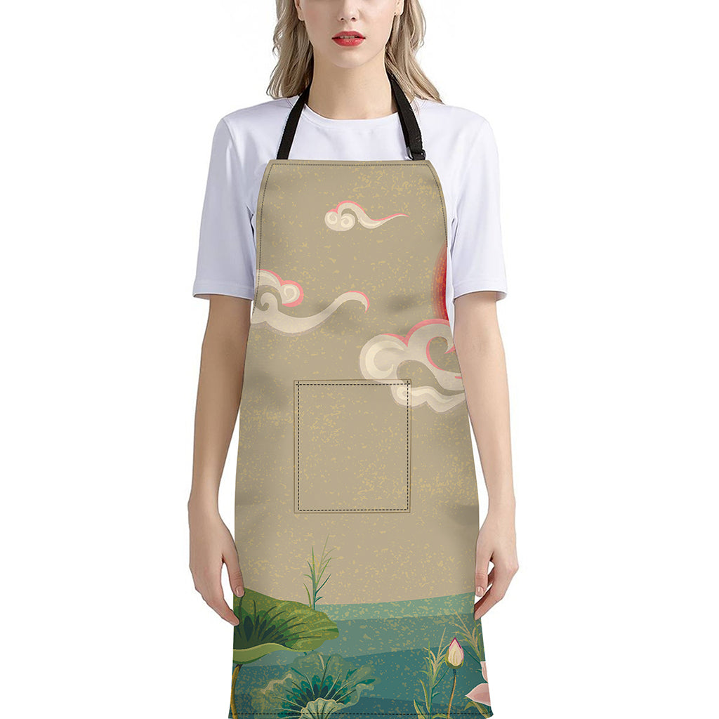 Japanese Cranes At Sunset Print Bib Apron With Pocket