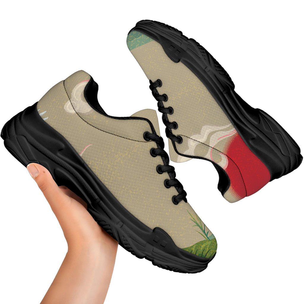 Japanese Cranes At Sunset Print Black Chunky Shoes