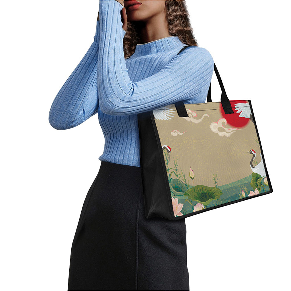 Japanese Cranes At Sunset Print Canvas Tote Bag