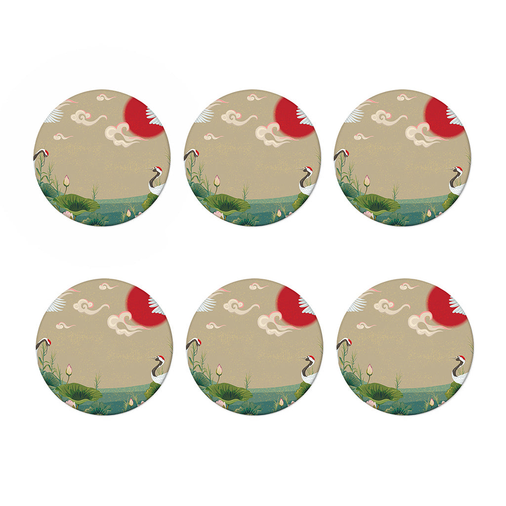 Japanese Cranes At Sunset Print Coaster Set