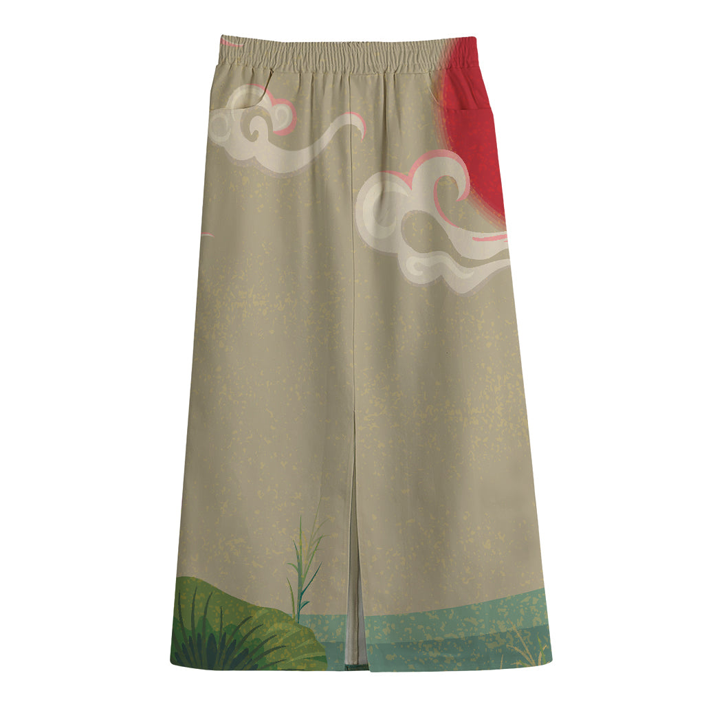 Japanese Cranes At Sunset Print Cotton Front Slit Maxi Skirt