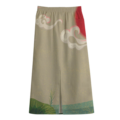 Japanese Cranes At Sunset Print Cotton Front Slit Maxi Skirt