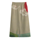 Japanese Cranes At Sunset Print Cotton Front Slit Maxi Skirt