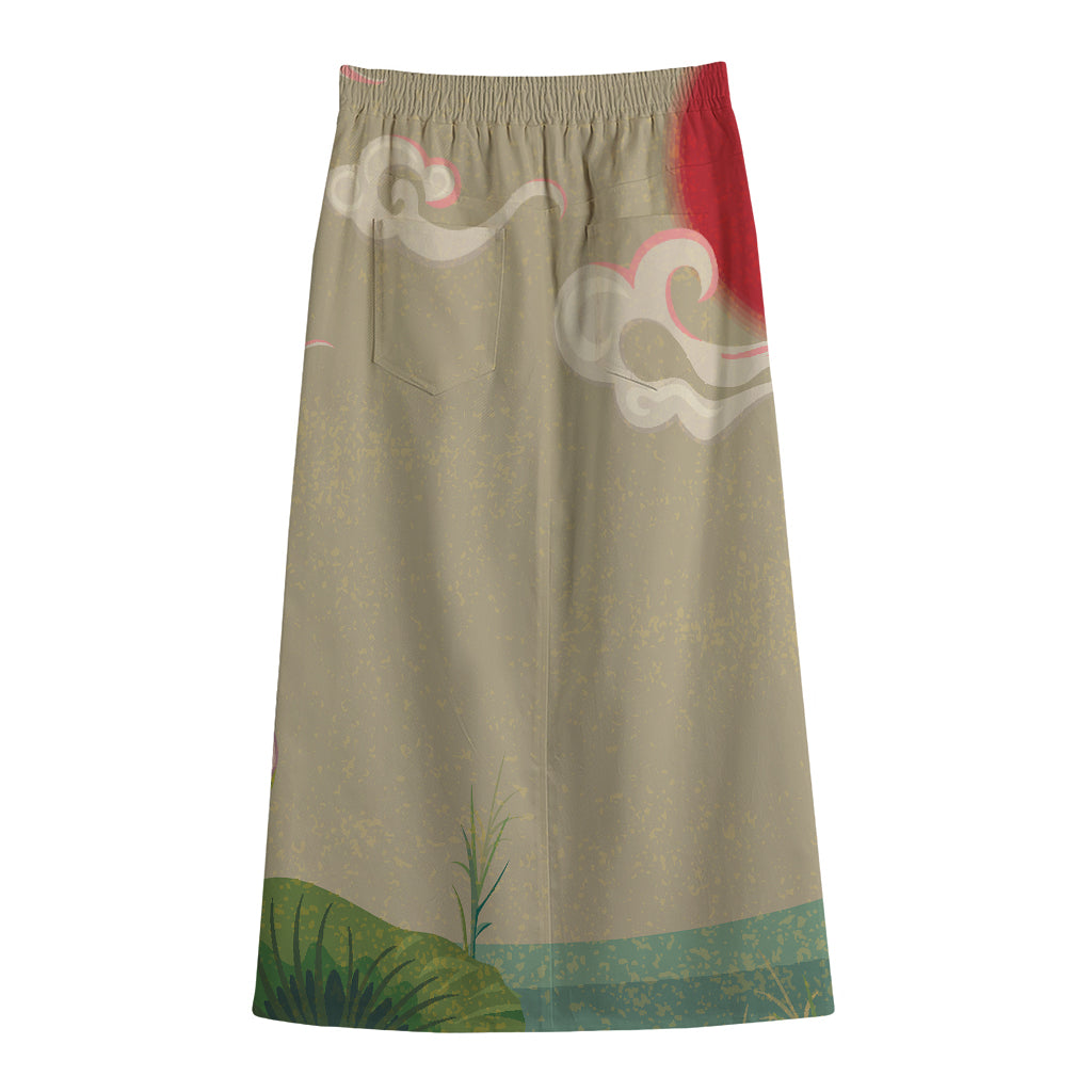 Japanese Cranes At Sunset Print Cotton Front Slit Maxi Skirt