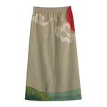 Japanese Cranes At Sunset Print Cotton Front Slit Maxi Skirt