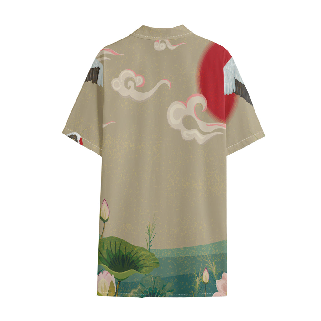 Japanese Cranes At Sunset Print Cotton Hawaiian Shirt