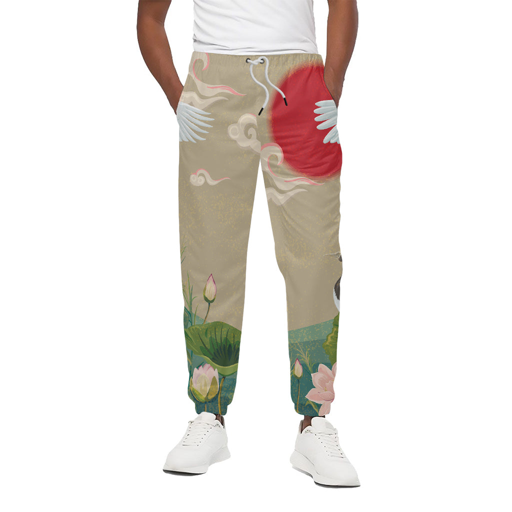 Japanese Cranes At Sunset Print Cotton Pants