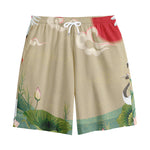 Japanese Cranes At Sunset Print Cotton Shorts