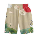 Japanese Cranes At Sunset Print Cotton Shorts