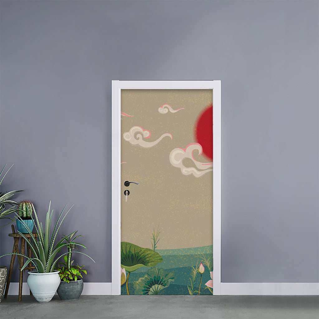 Japanese Cranes At Sunset Print Door Sticker