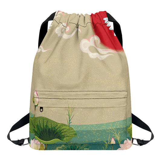 Japanese Cranes At Sunset Print Drawstring Backpack