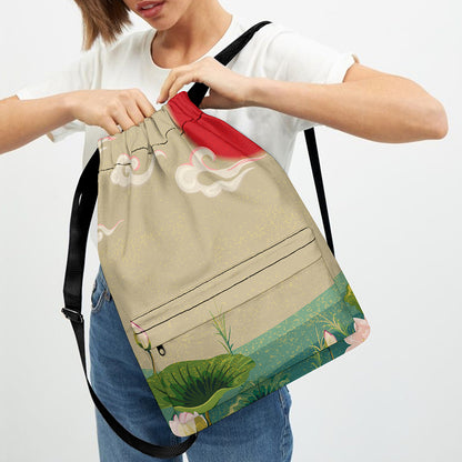 Japanese Cranes At Sunset Print Drawstring Backpack