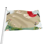 Japanese Cranes At Sunset Print Flag