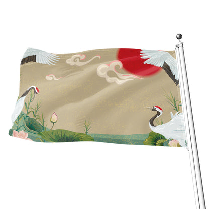 Japanese Cranes At Sunset Print Flag