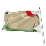 Japanese Cranes At Sunset Print Flag