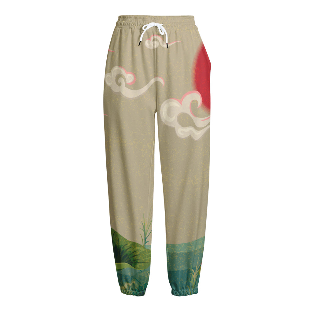 Japanese Cranes At Sunset Print Fleece Lined Knit Pants