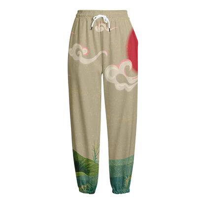 Japanese Cranes At Sunset Print Fleece Lined Knit Pants
