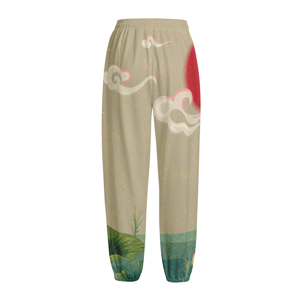 Japanese Cranes At Sunset Print Fleece Lined Knit Pants