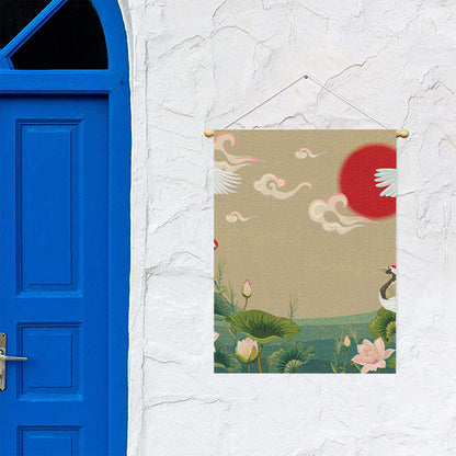 Japanese Cranes At Sunset Print Garden Flag