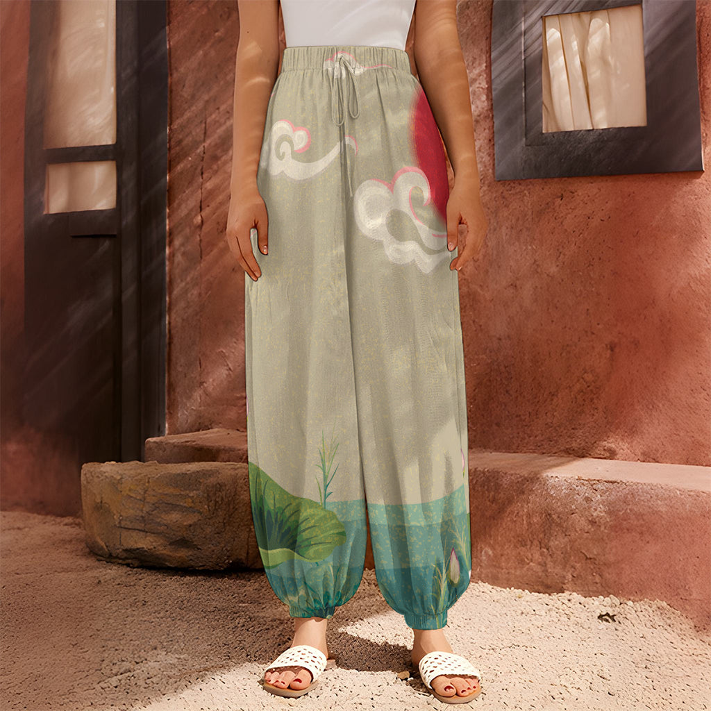 Japanese Cranes At Sunset Print Harem Pants