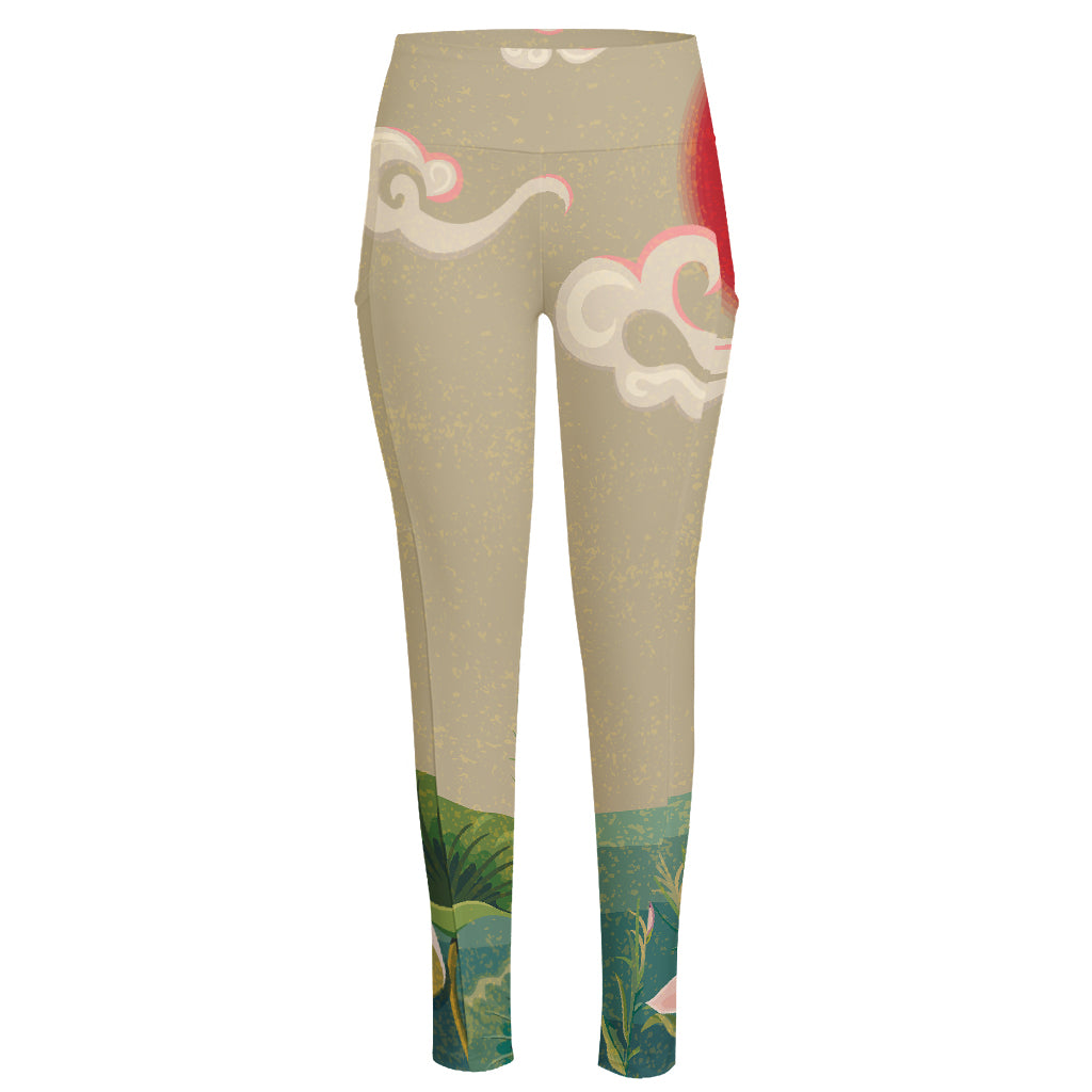 Japanese Cranes At Sunset Print High-Waisted Pocket Leggings