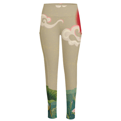 Japanese Cranes At Sunset Print High-Waisted Pocket Leggings