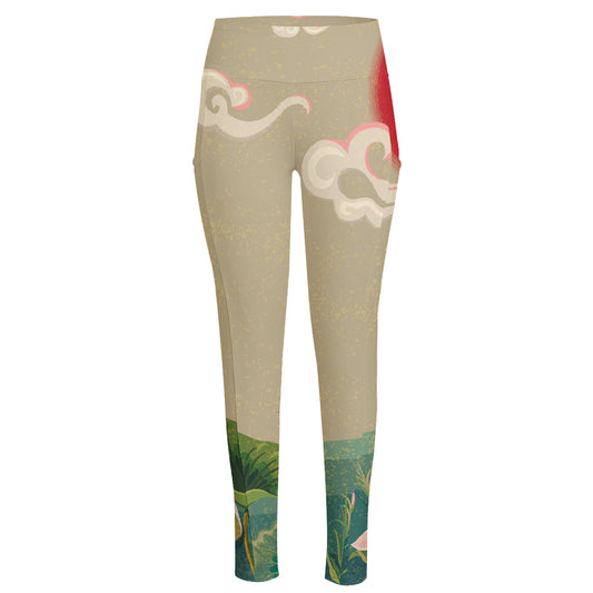 Japanese Cranes At Sunset Print High-Waisted Pocket Leggings