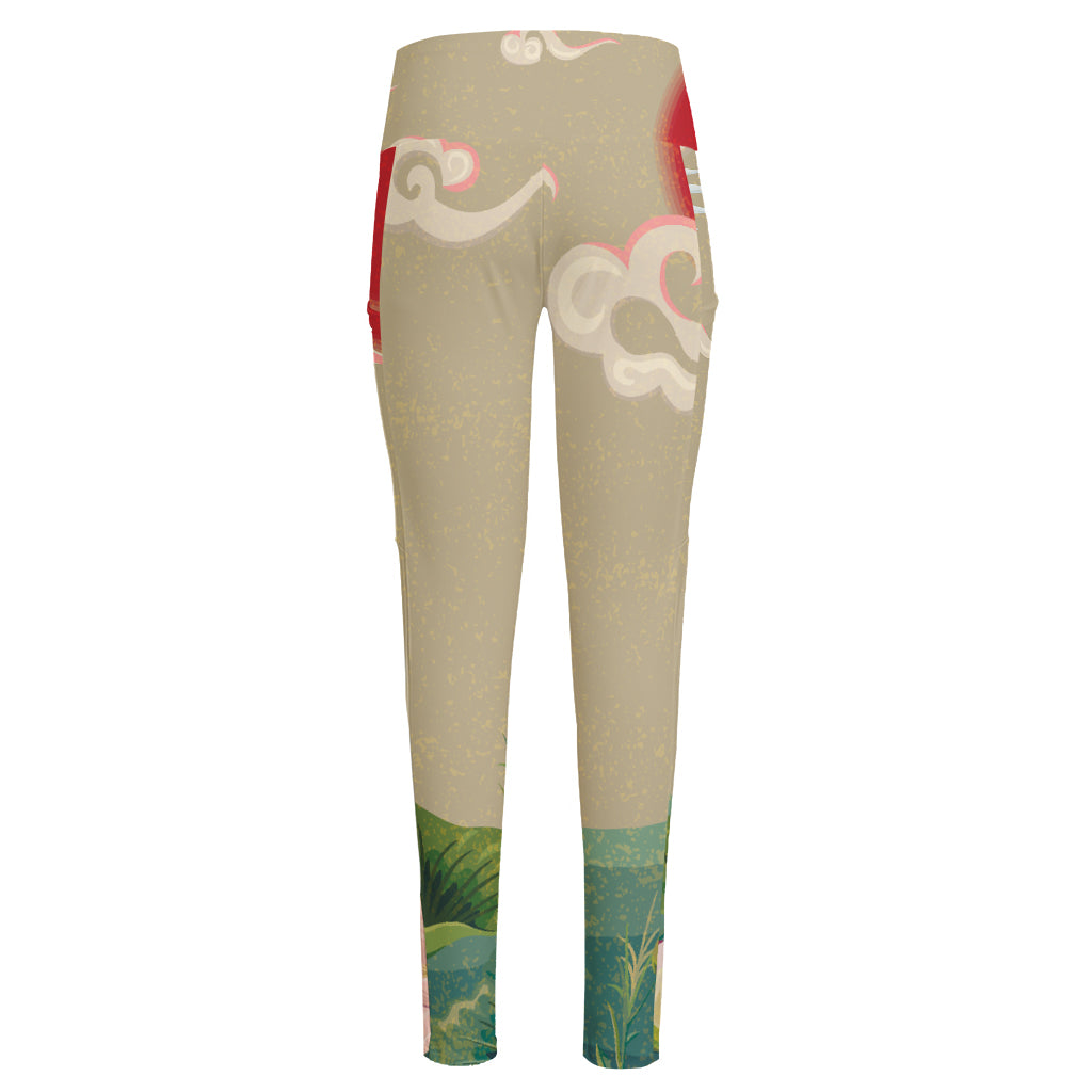 Japanese Cranes At Sunset Print High-Waisted Pocket Leggings