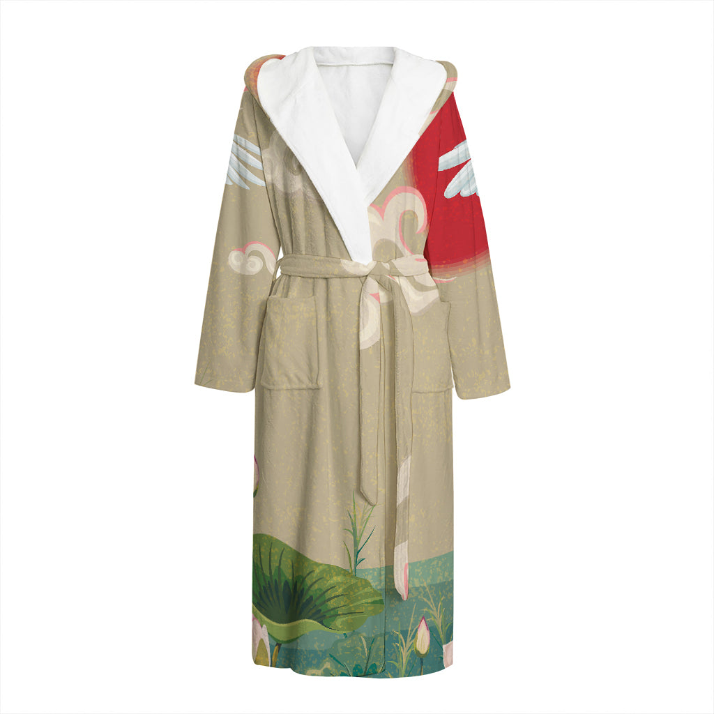 Japanese Cranes At Sunset Print Hooded Bathrobe