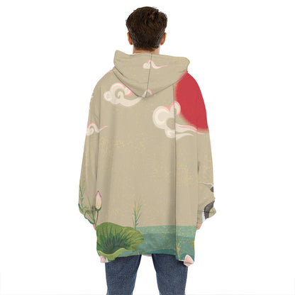Japanese Cranes At Sunset Print Hoodie Blanket