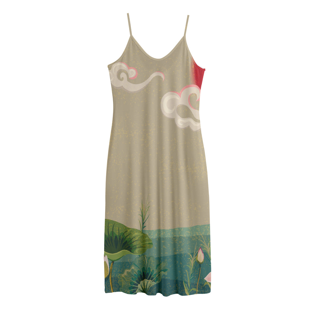 Japanese Cranes At Sunset Print Jersey Midi Cami Dress