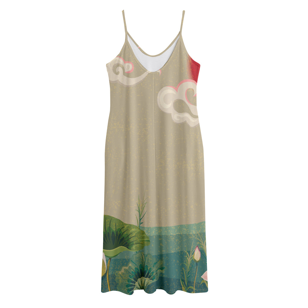 Japanese Cranes At Sunset Print Jersey Midi Cami Dress