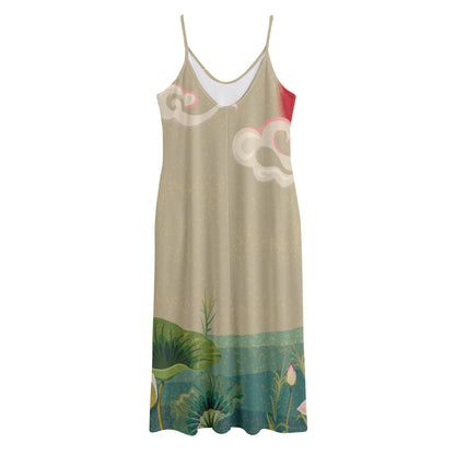 Japanese Cranes At Sunset Print Jersey Midi Cami Dress