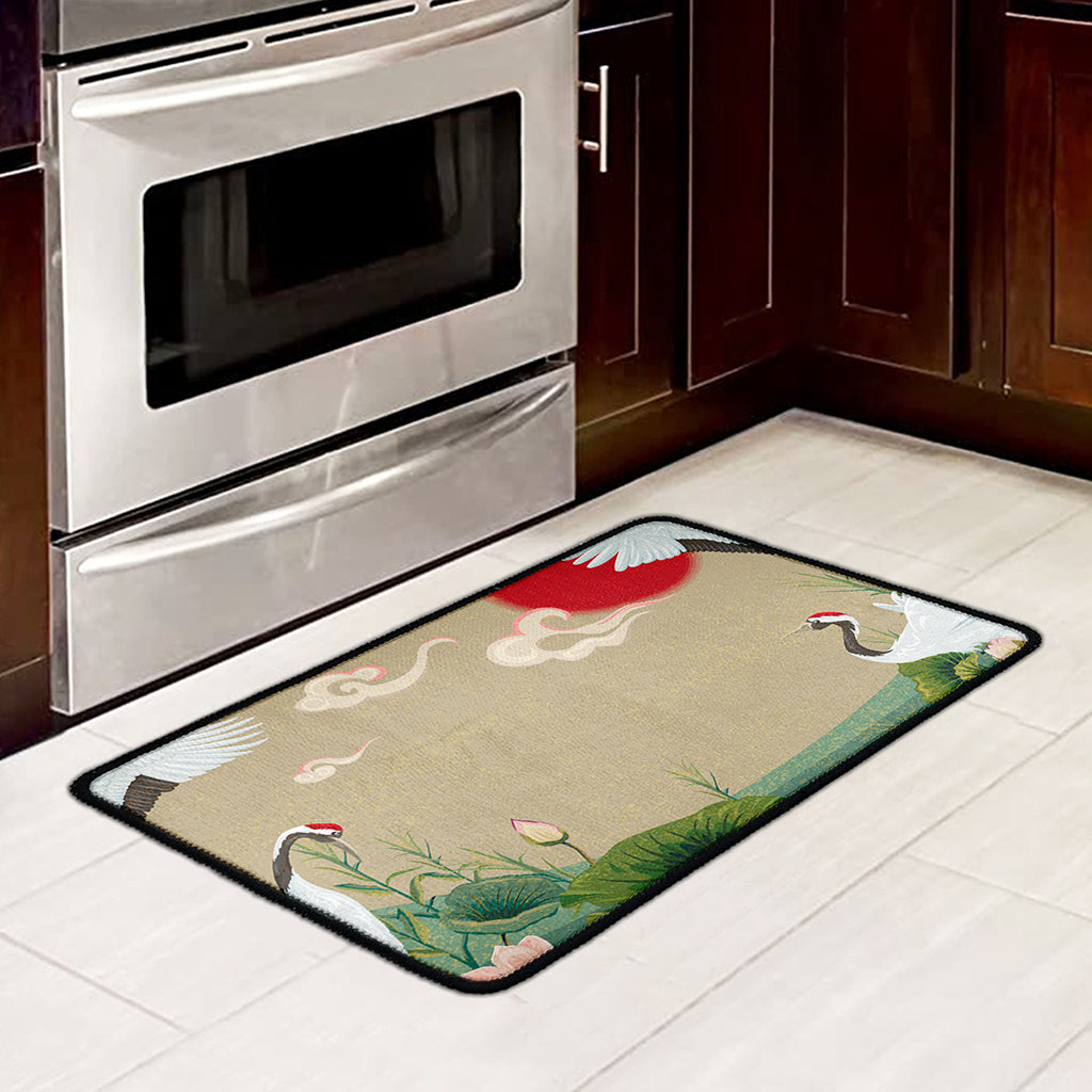 Japanese Cranes At Sunset Print Kitchen Mat