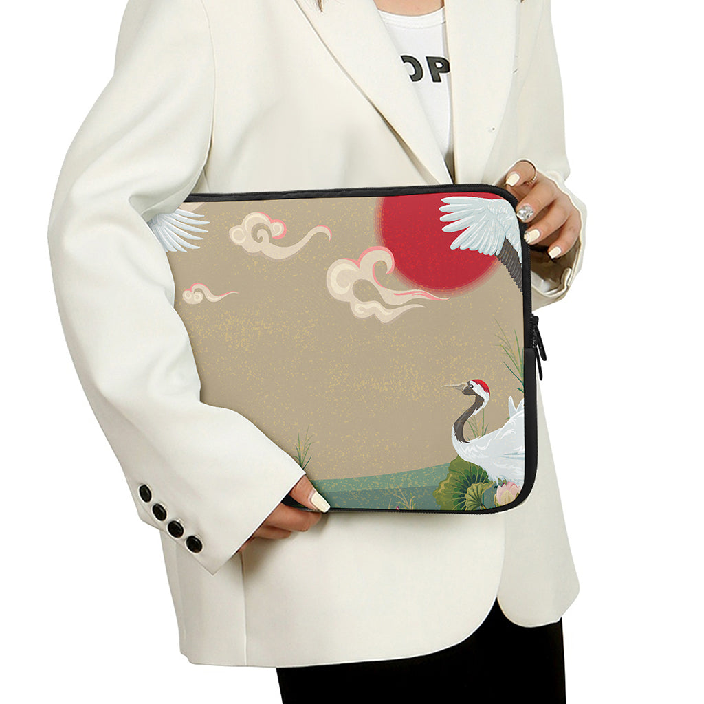 Japanese Cranes At Sunset Print Laptop Sleeve