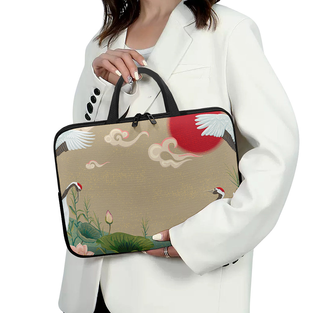 Japanese Cranes At Sunset Print Laptop Sleeve With Handle