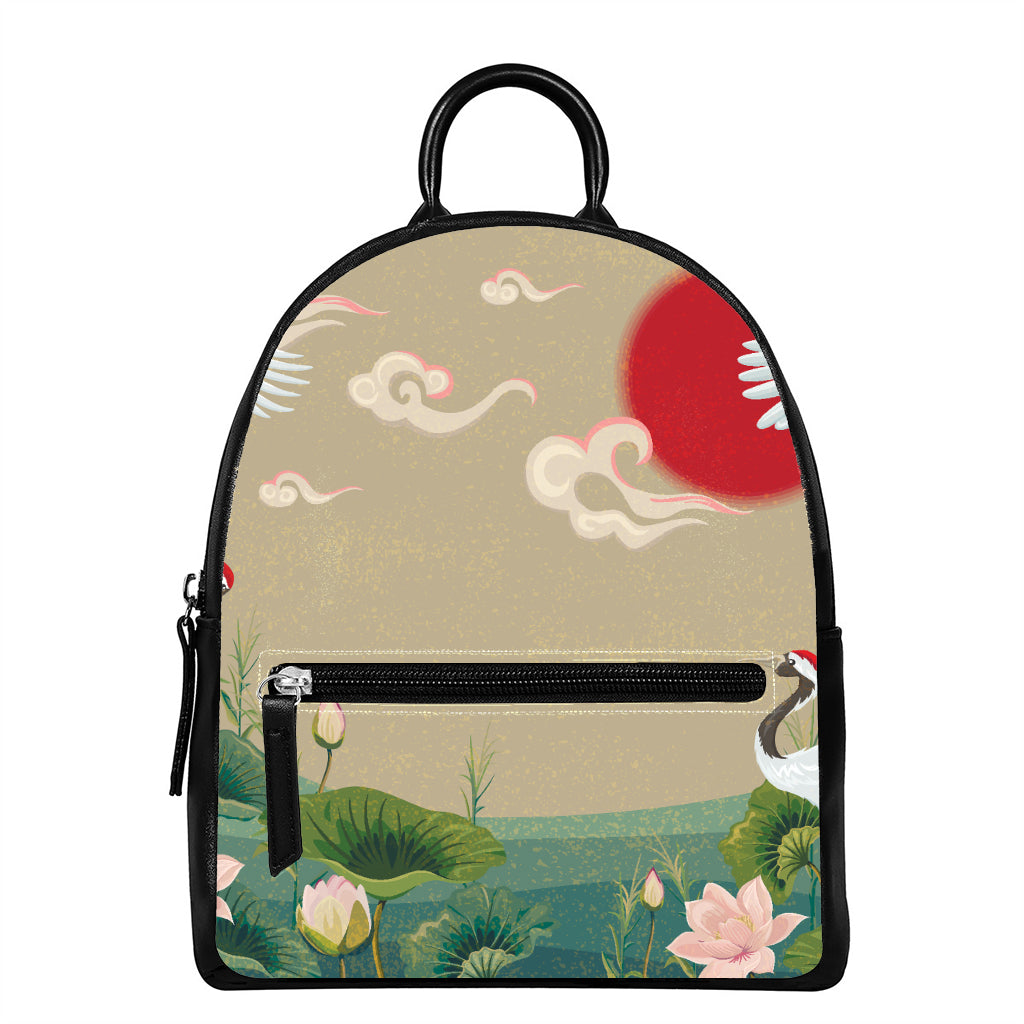Japanese Cranes At Sunset Print Leather Backpack