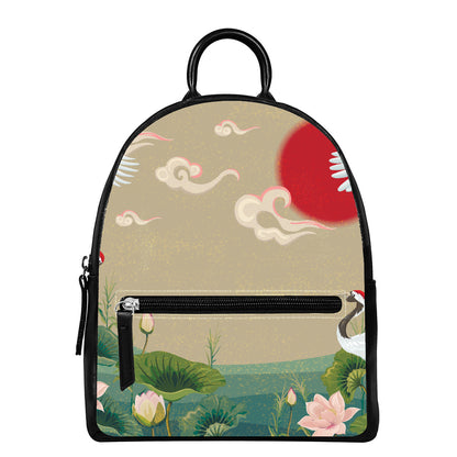 Japanese Cranes At Sunset Print Leather Backpack