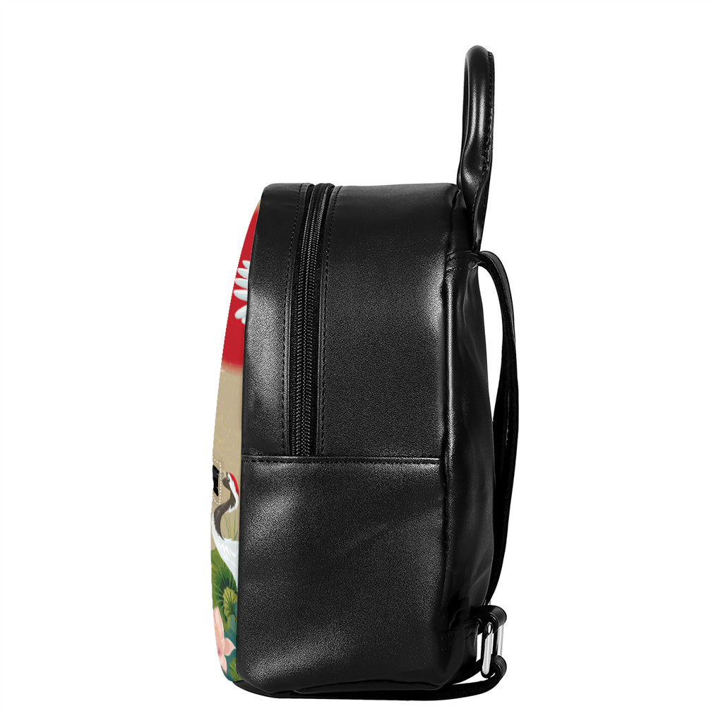 Japanese Cranes At Sunset Print Leather Backpack