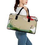 Japanese Cranes At Sunset Print Leather Duffle Bag